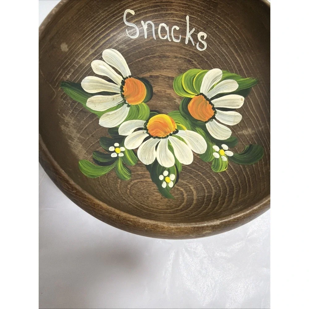 Hand Painted Wooden Vintage Decorative Bowl Flowers Floral Design 6